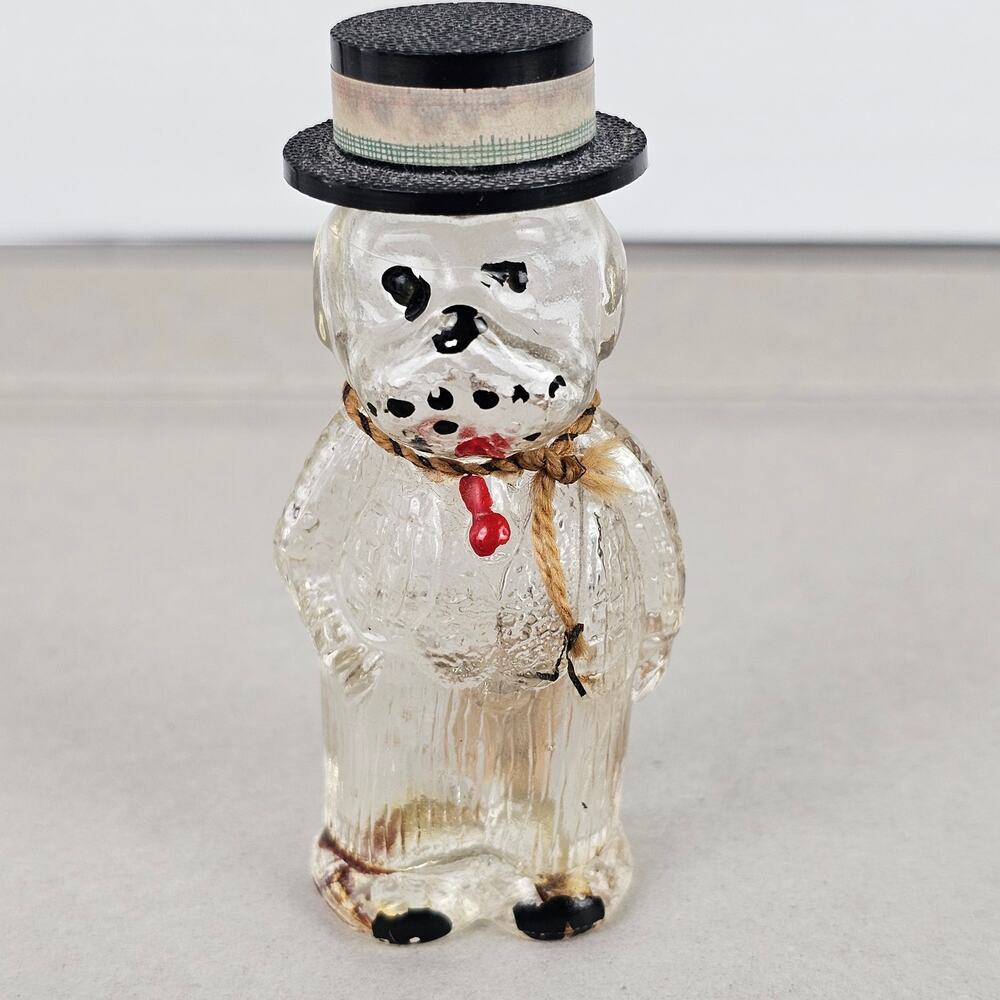 VTG glass Liore perfume bottle of dog in boater hat paper tag
